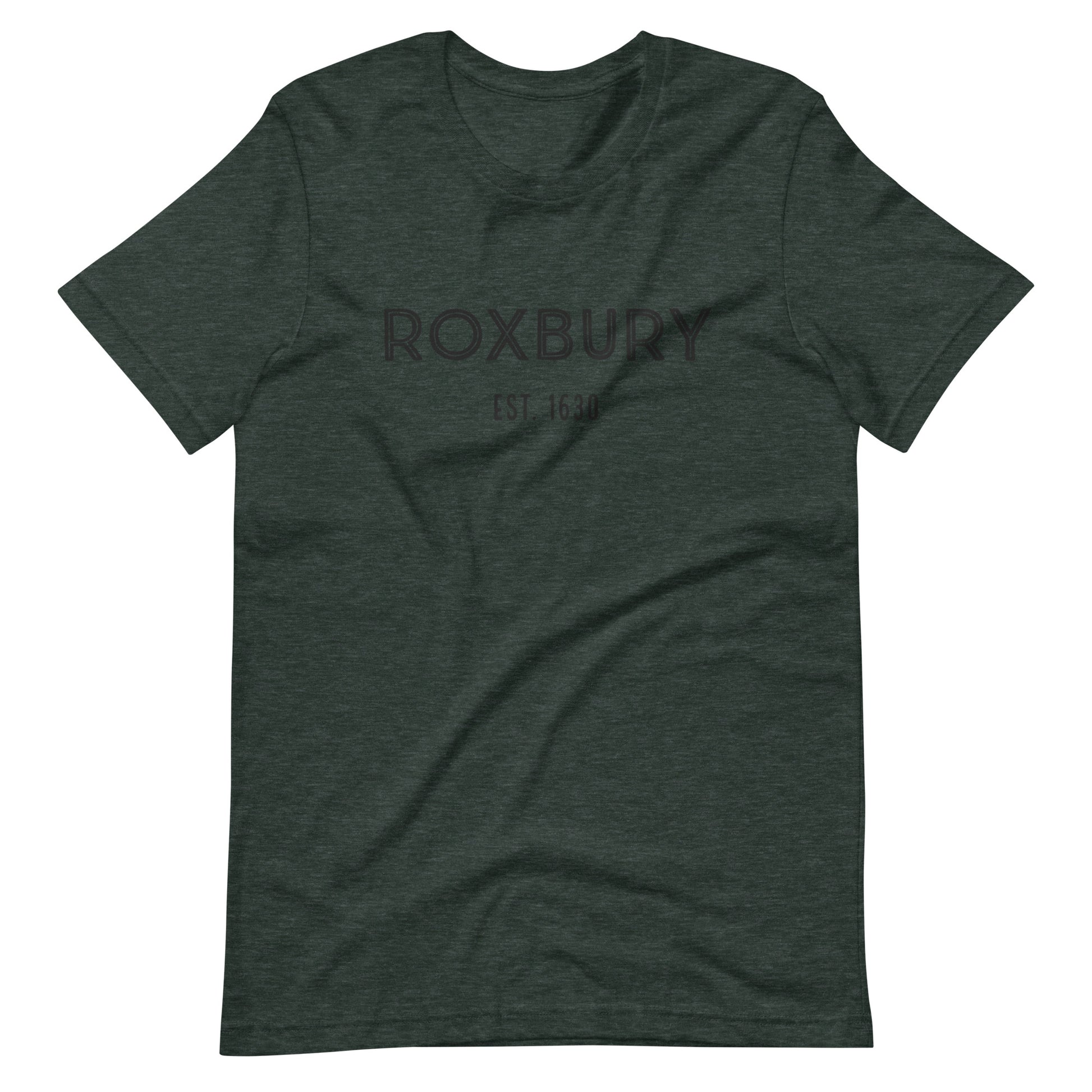 Roxbury t shirt, based on the neighborhood in Boston, MA; forest green