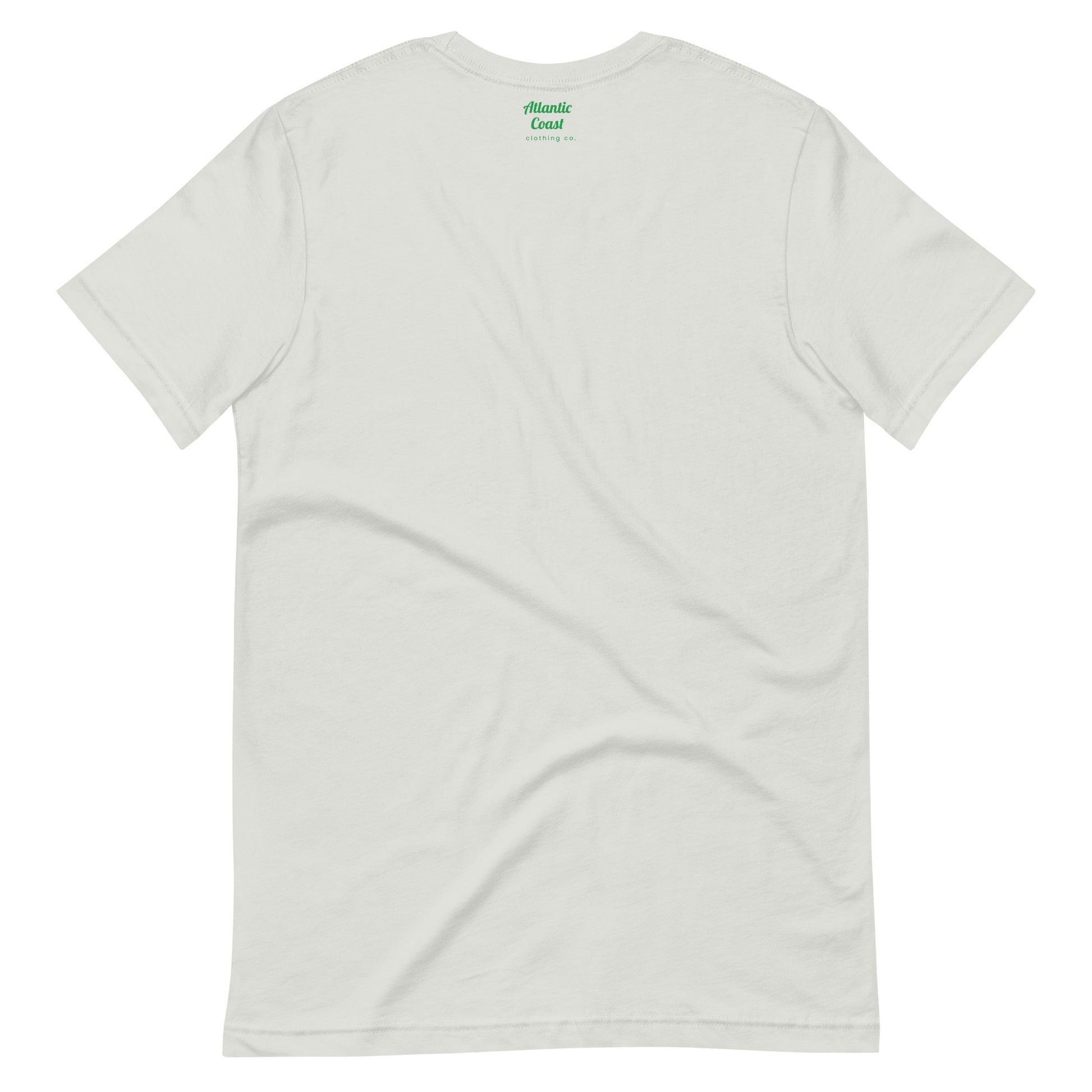 Boston t shirt, rainbow square behind BOS abbreviation, silver grey shirt, view of back