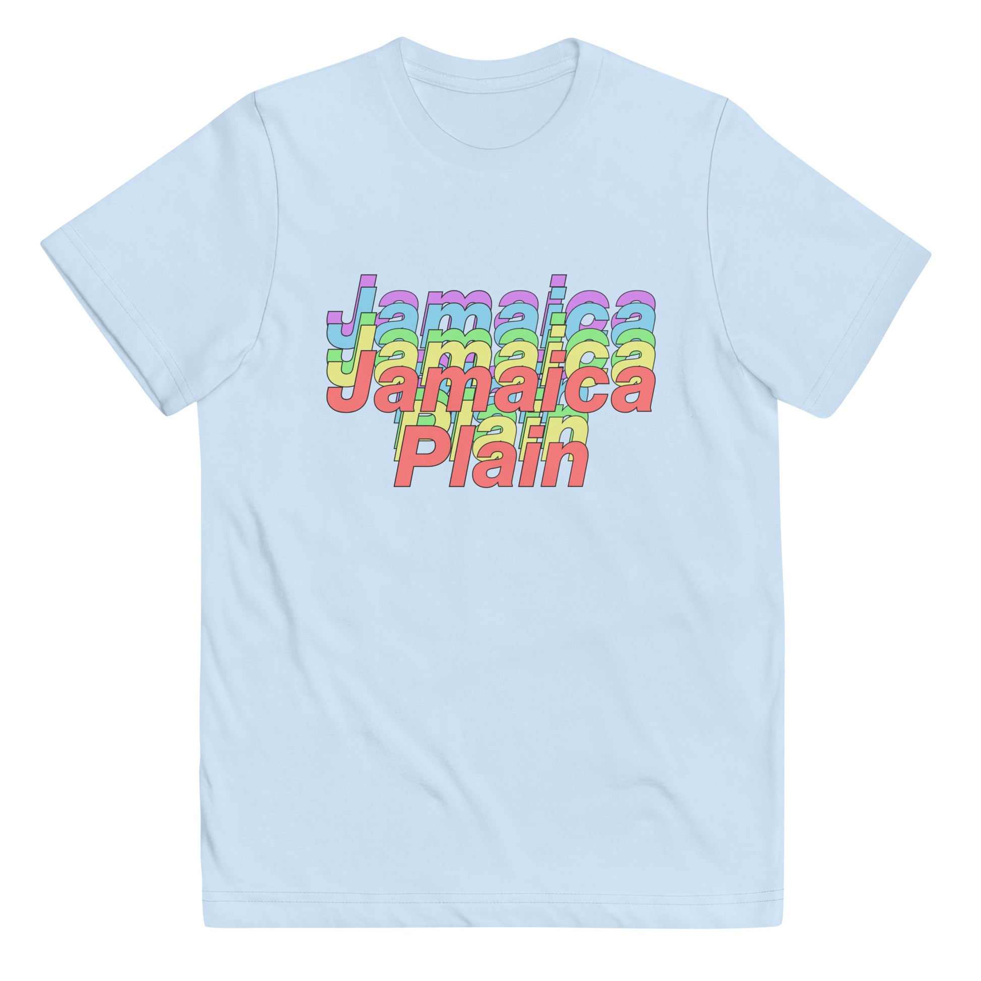Rainbows in Jamaica Plain, Boston t shirt, youth size, light blue