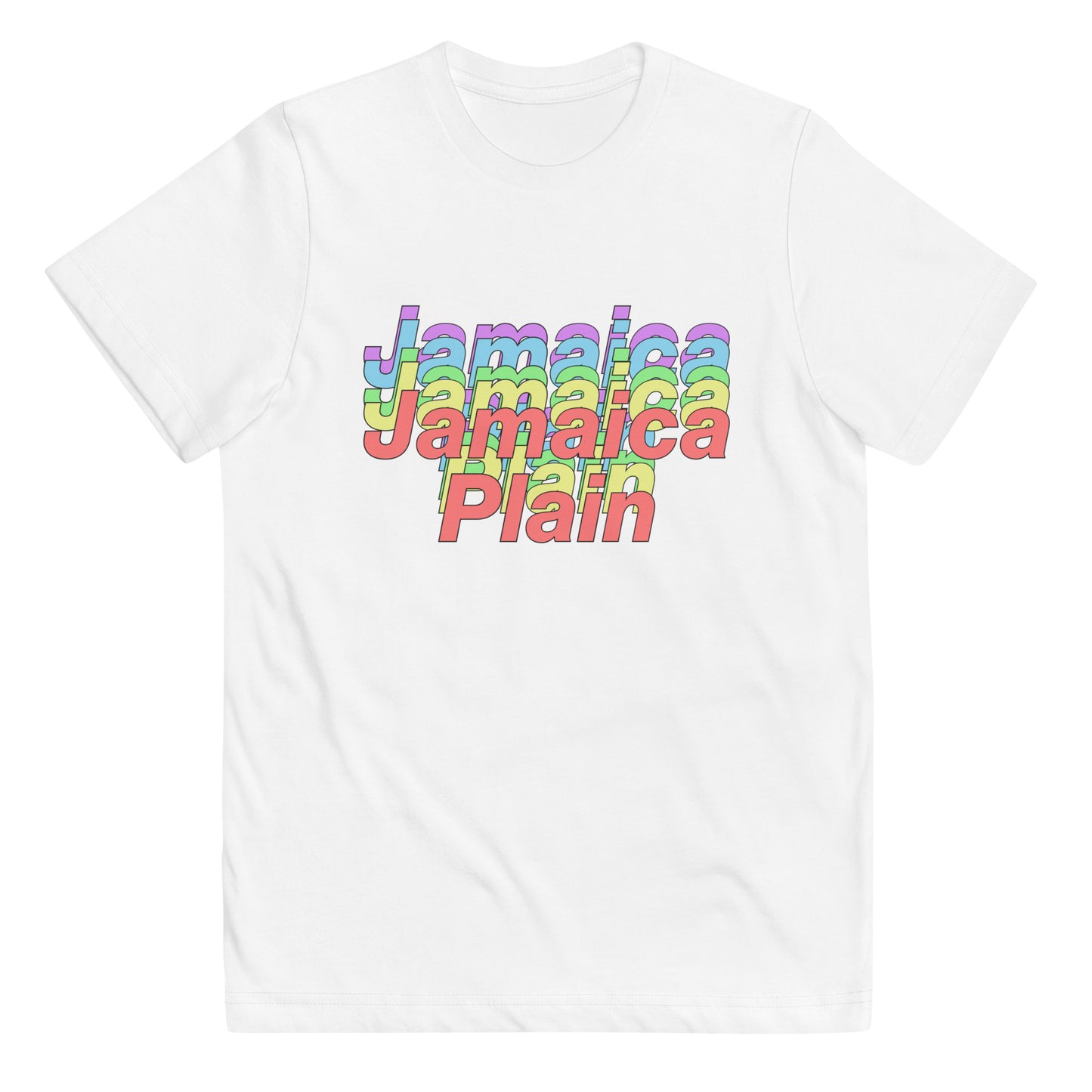 Rainbows in Jamaica Plain, Boston t shirt, youth size, white
