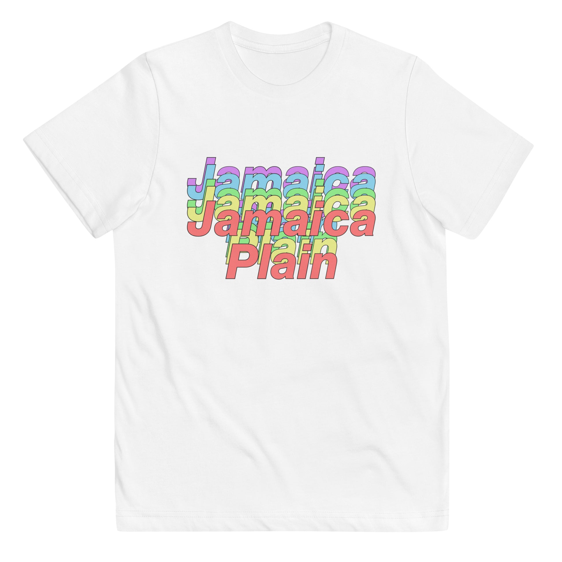 Rainbows in Jamaica Plain, Boston t shirt, youth size, white