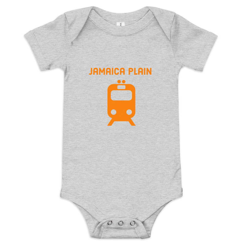 Orange Line Baby Onesie, Jamaica Plain, Boston, orange train, grey