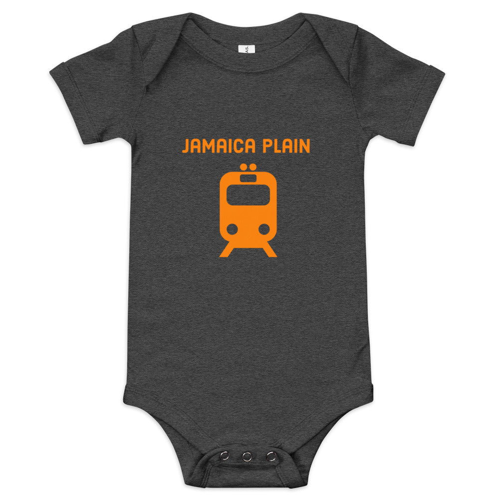 Orange Line Baby Onesie, Jamaica Plain, Boston, orange train, dark grey