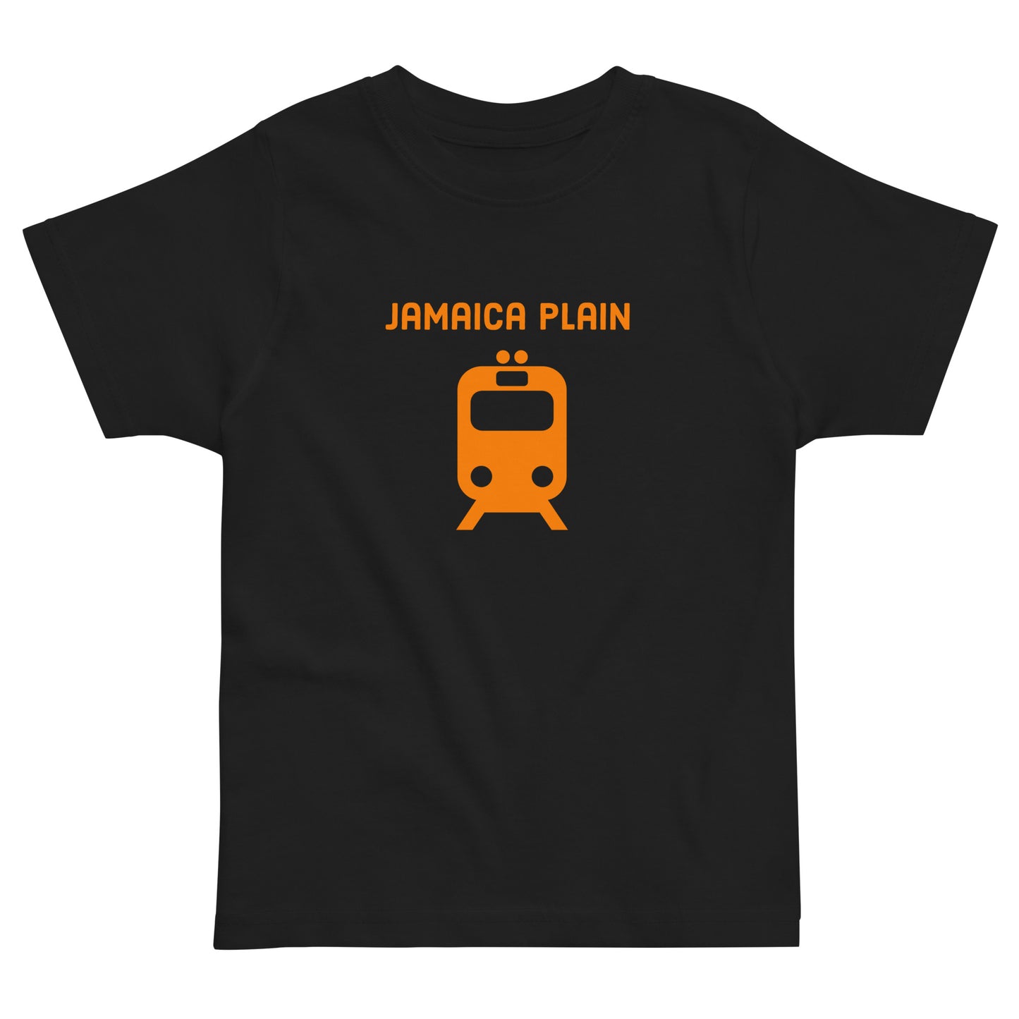 Jamaica Plan T shirt with an orange train, representing public transit in Boston MA, black
