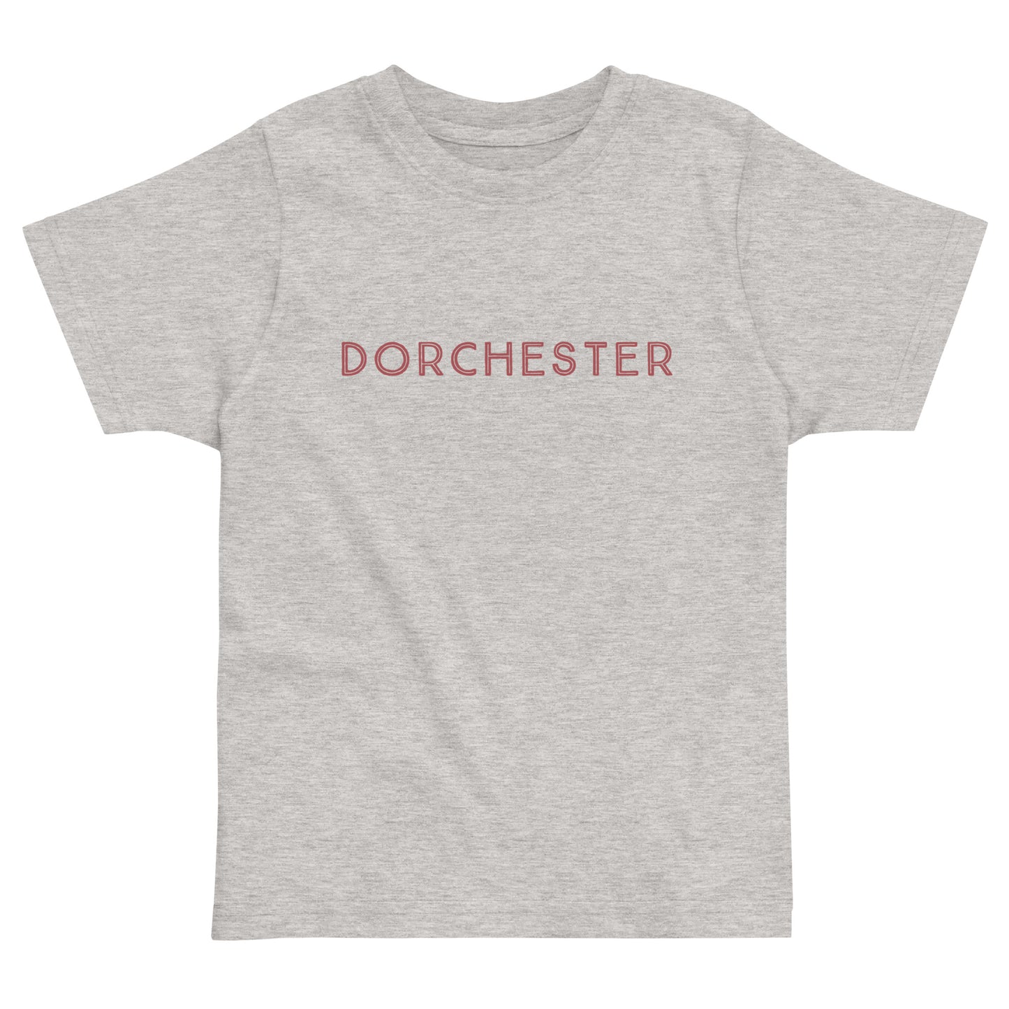 t-shirt with text across the front that reads "Dorchester". grey shirt