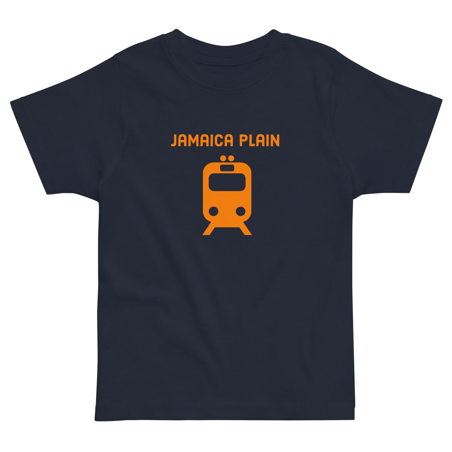 Jamaica Plan T shirt with an orange train, representing public transit in Boston MA, dark blue