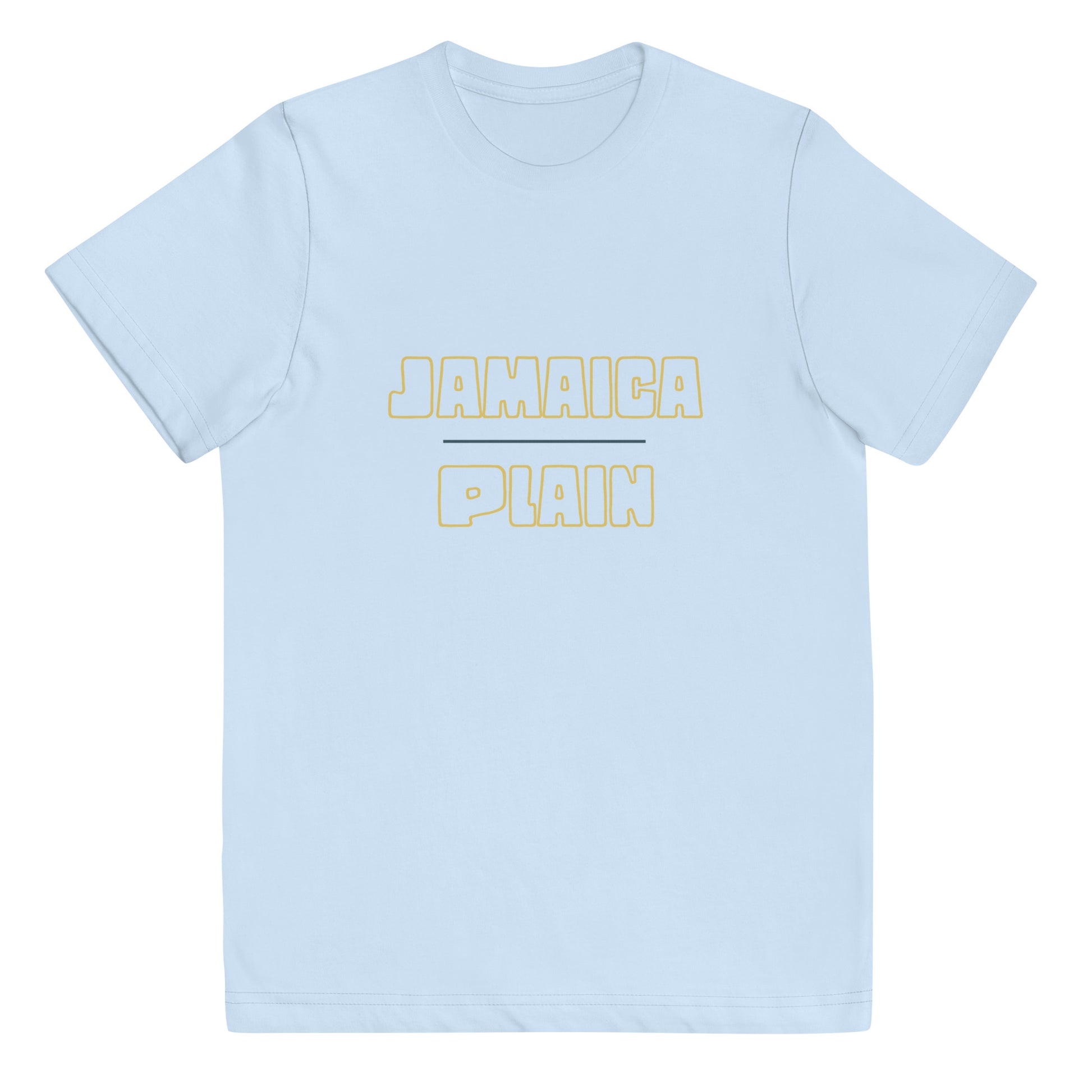 blue t-shirt with jamaica plain text across