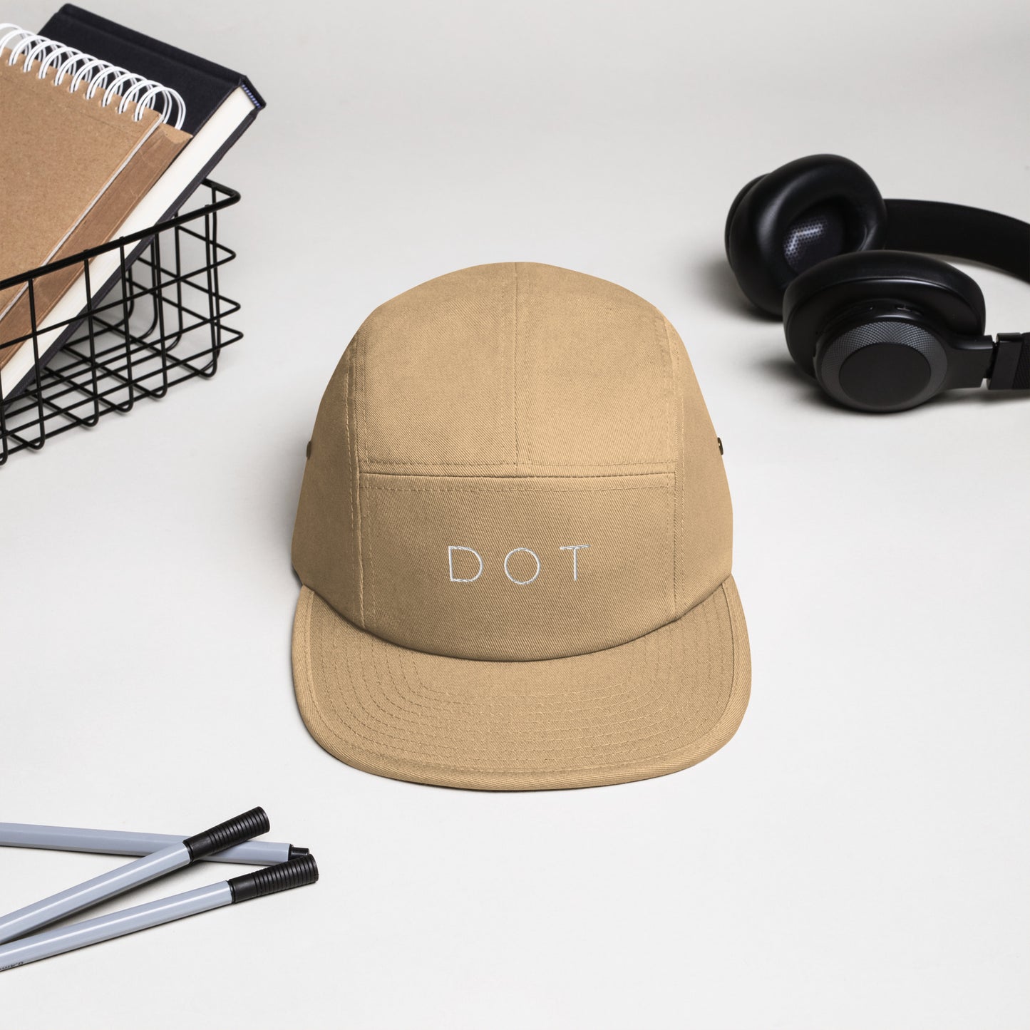 Dorchester "DOT" 5-panel Hat, with items in background, khaki