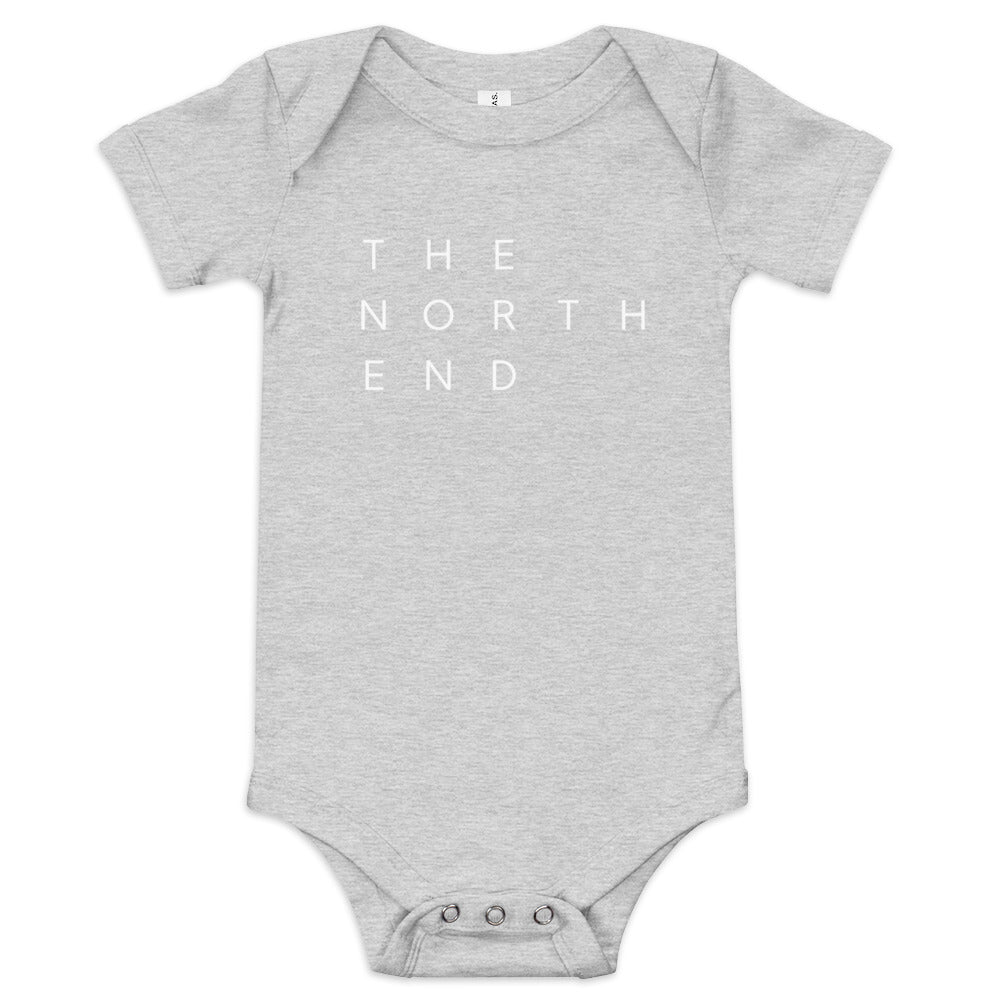 light grey onesie with the text "The North End " in white.