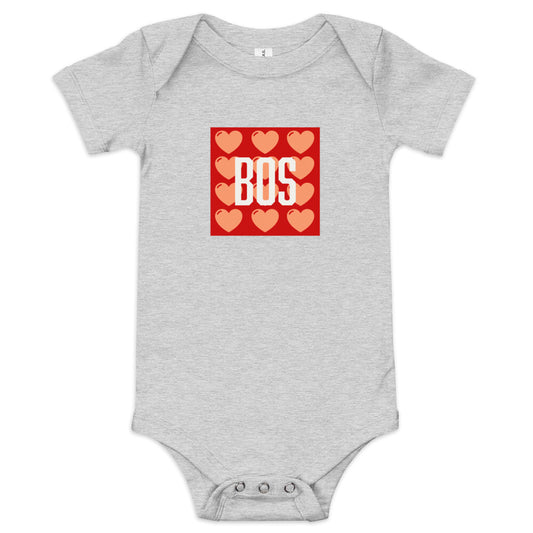 Boston "BOS" Love Baby Onesie -grey with pink/red hearts