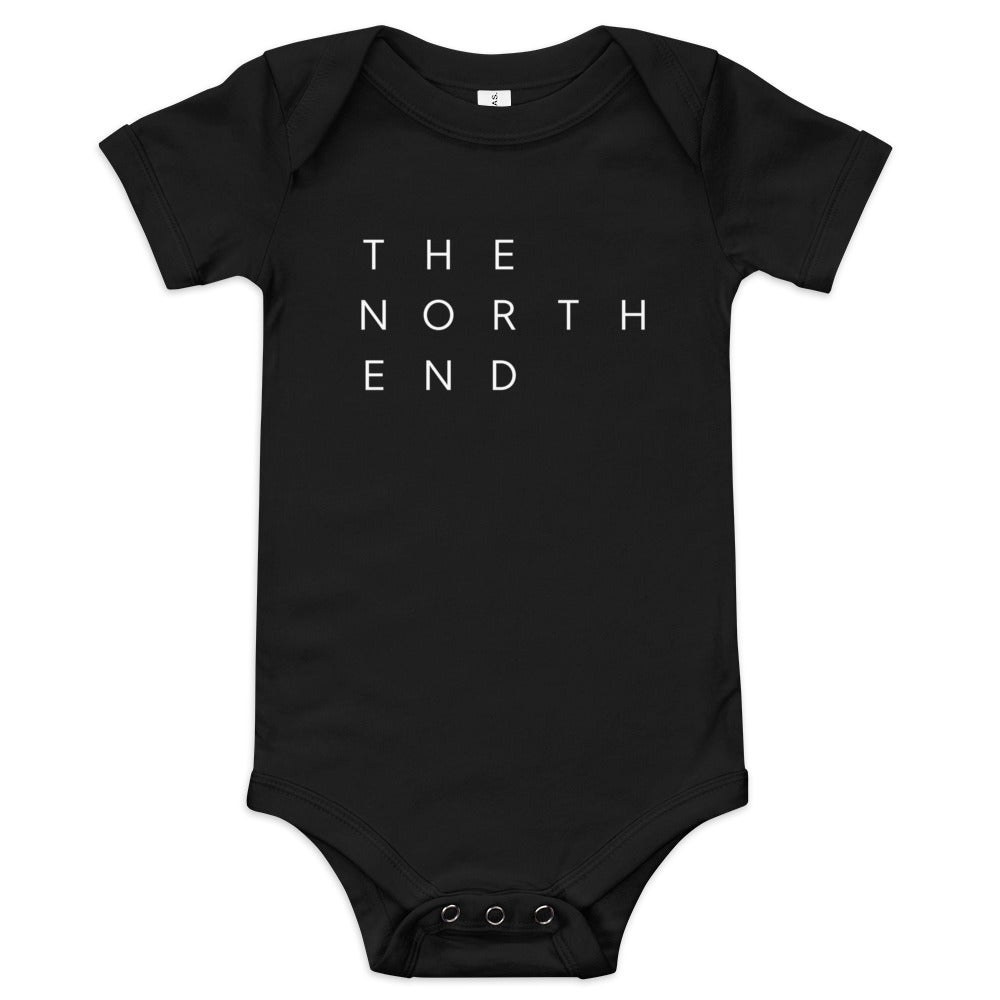 black onesie with the text "The North End " in white.