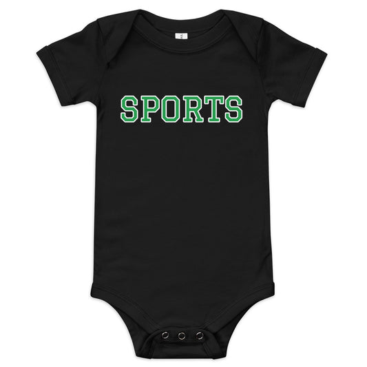 black baby onesie with SPORTS text across the front, in boston celtics green