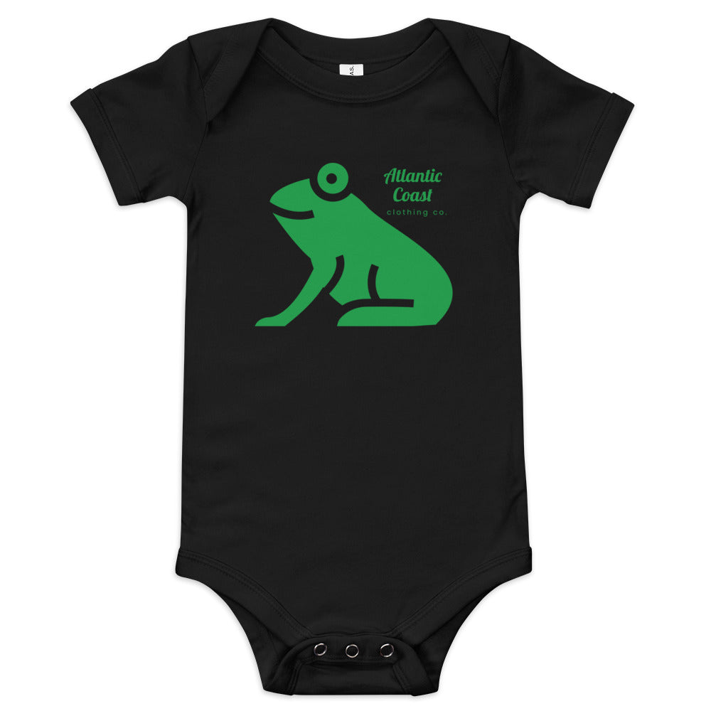 baby onesie with frog on front, black