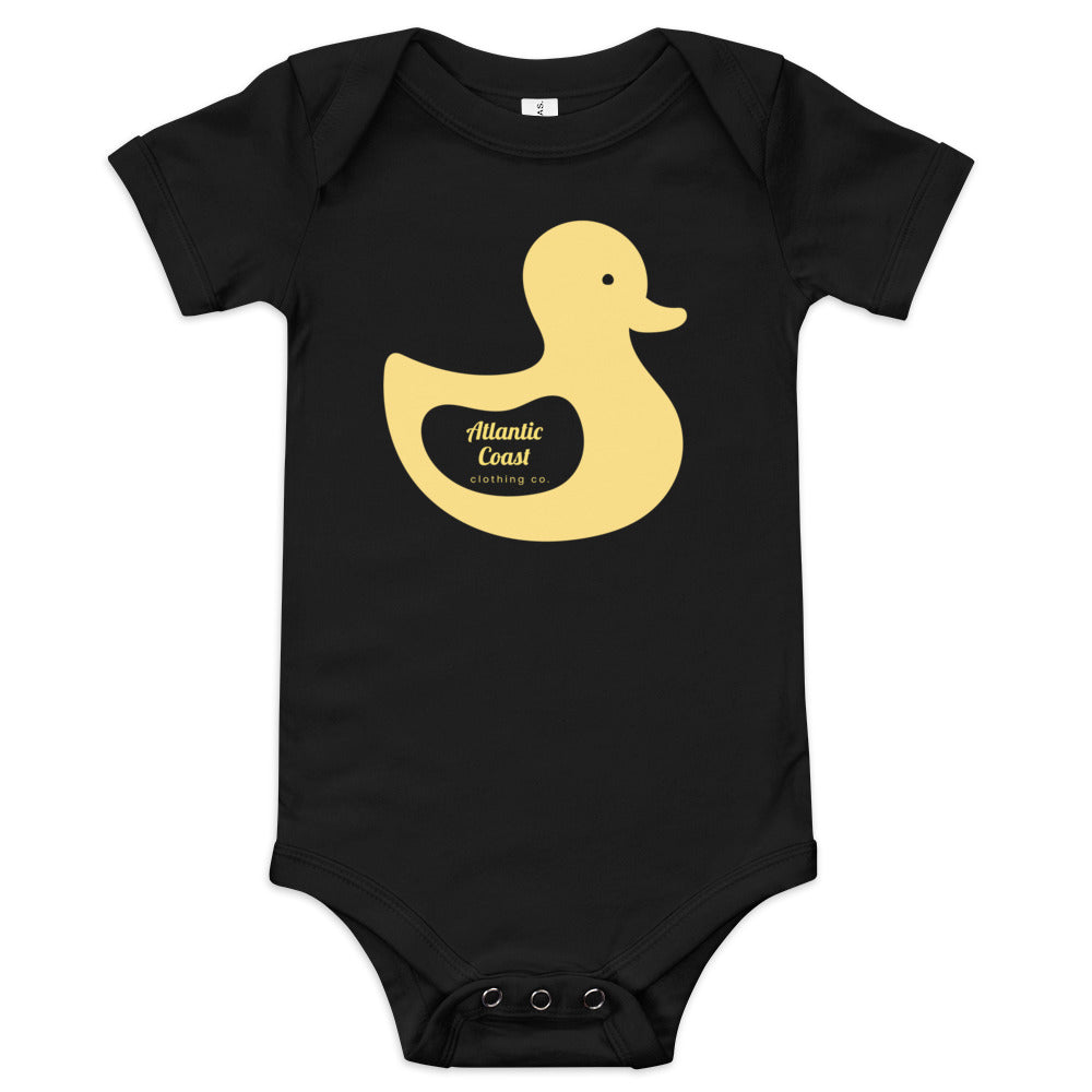 baby onesie with duck on front, black