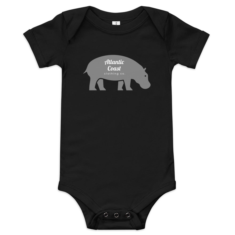 baby onesie with grey hippo on the front, black