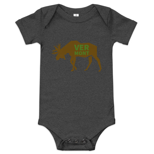 dark grey Onesie wit the text VERMONT  on a moose