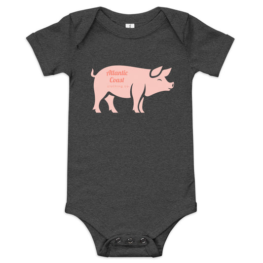 baby onesie with pink pig on the front, dark grey