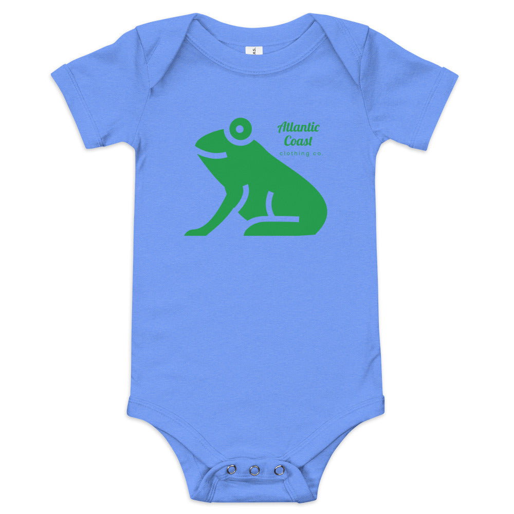 baby onesie with frog on front, blue