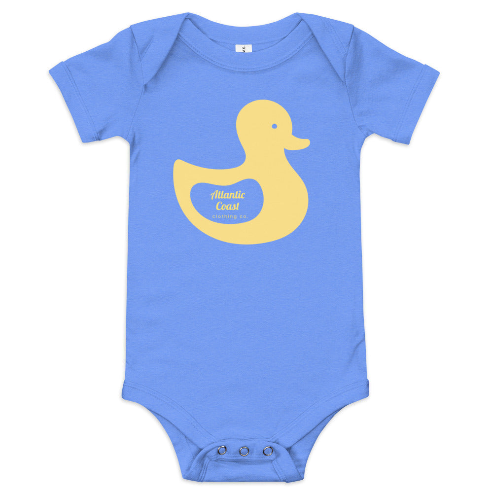 baby onesie with duck on front, blue