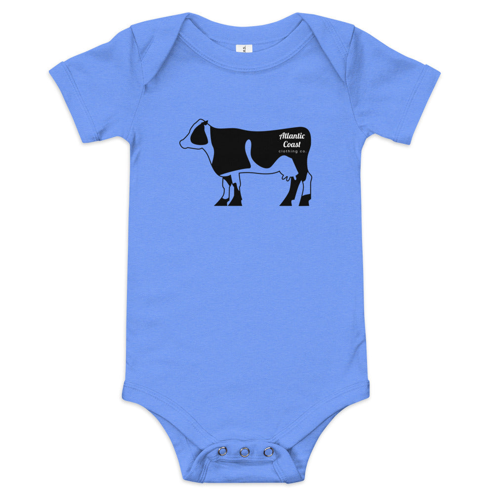 baby onesie with cow on front, blue