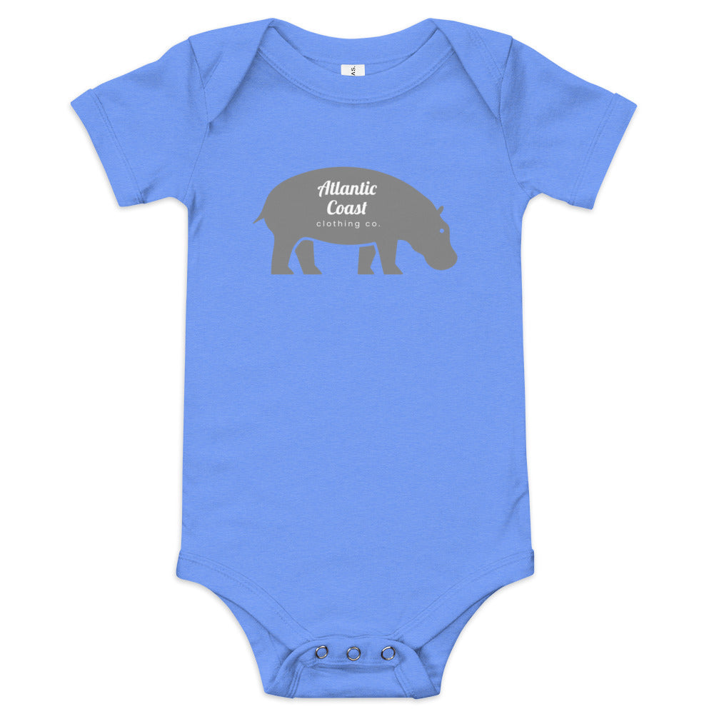 baby onesie with grey hippo on the front, blue