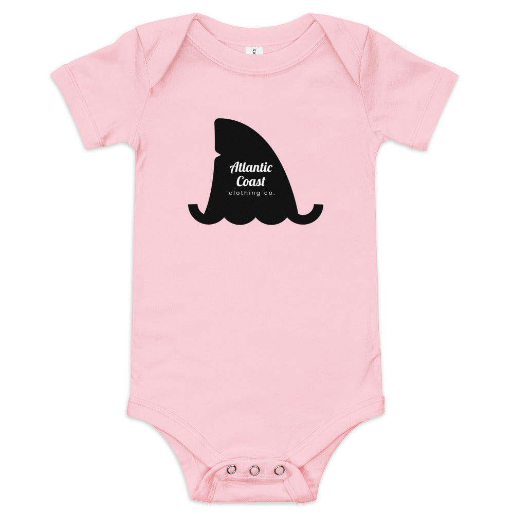 baby onesie with shark fin and atlantic coast clothing logo