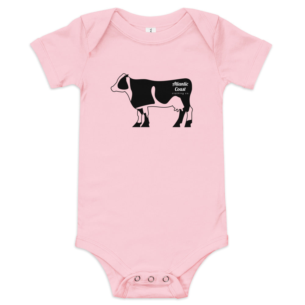 baby onesie with cow on front, pink