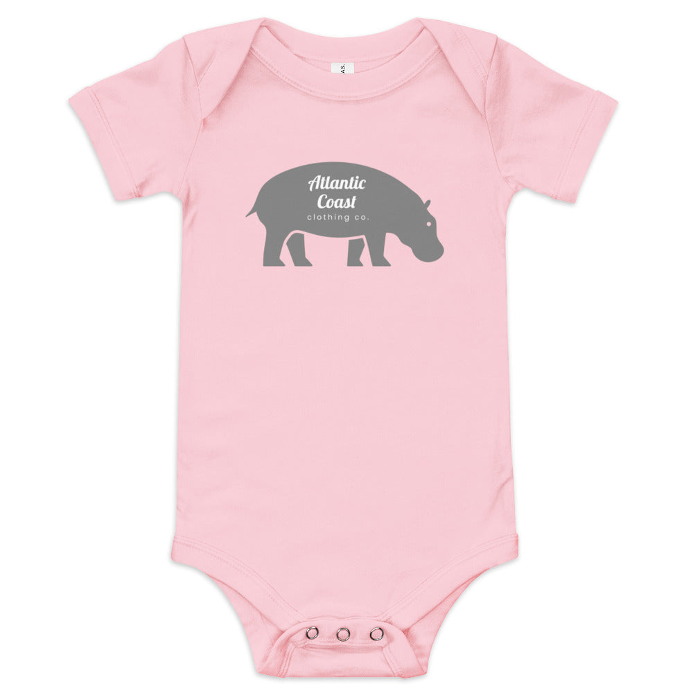 baby onesie with grey hippo on the front, pink