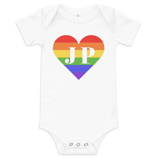 Jamaica Plain "JP" written over rainbow heart, baby onesie, white 