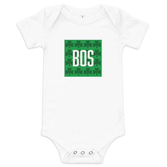 Boston "BOS" Baby onesie with green shamrocks, white