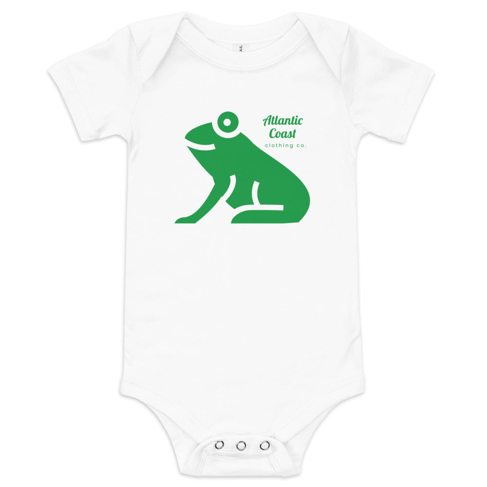 baby onesie with frog on front, white