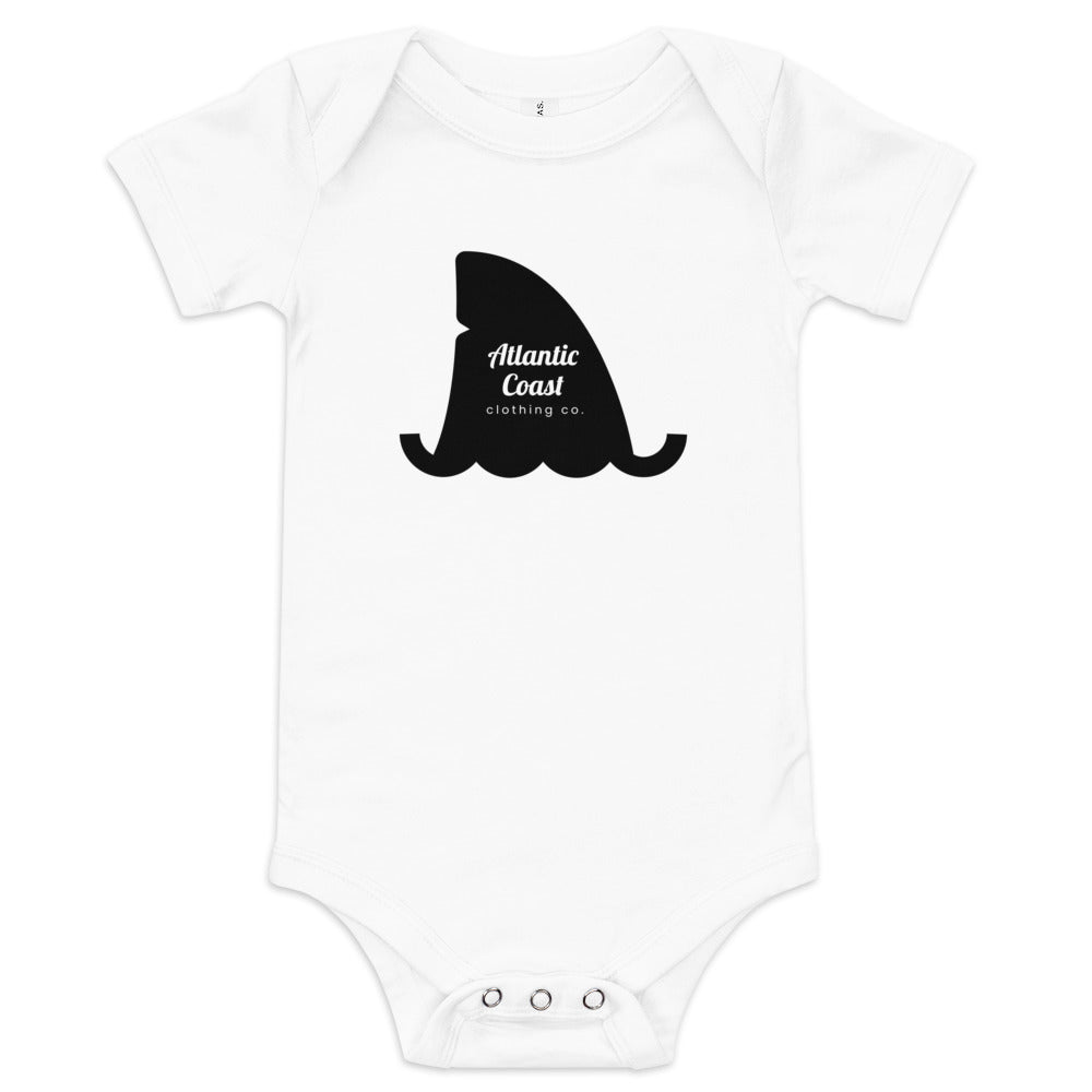 baby onesie with shark fin and atlantic coast clothing logo