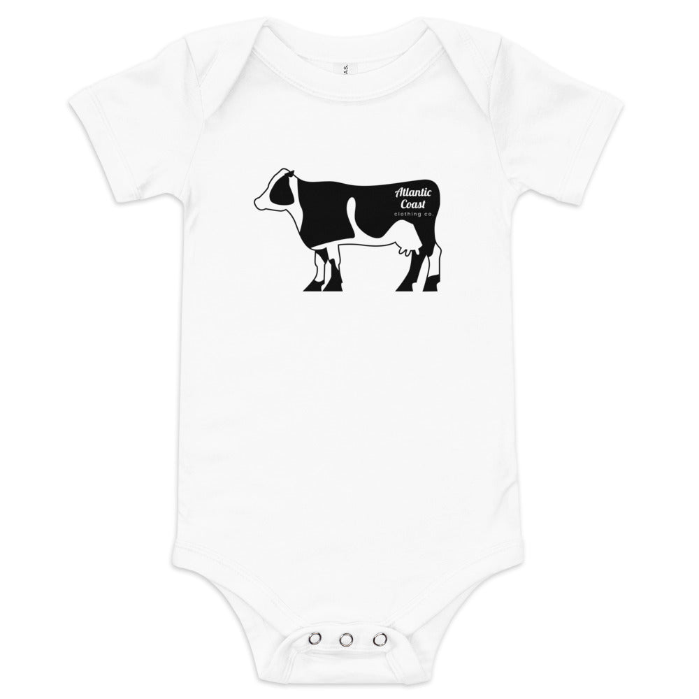 baby onesie with cow on front, white