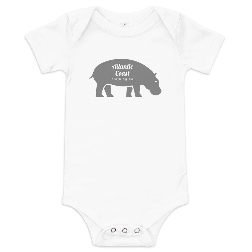 baby onesie with grey hippo on the front, white