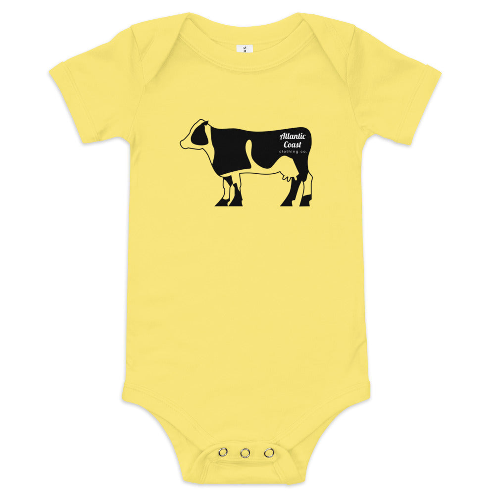 baby onesie with cow on front, yellow