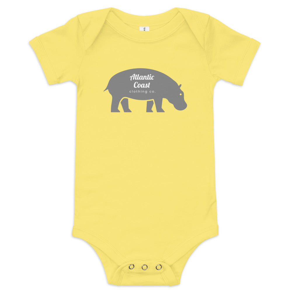 baby onesie with grey hippo on the front, yellow