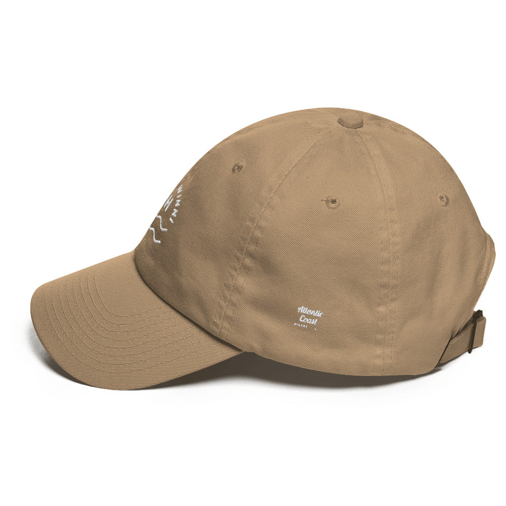 "Lake Winni" Lake Winnipesaukee dad hat, khaki, side view