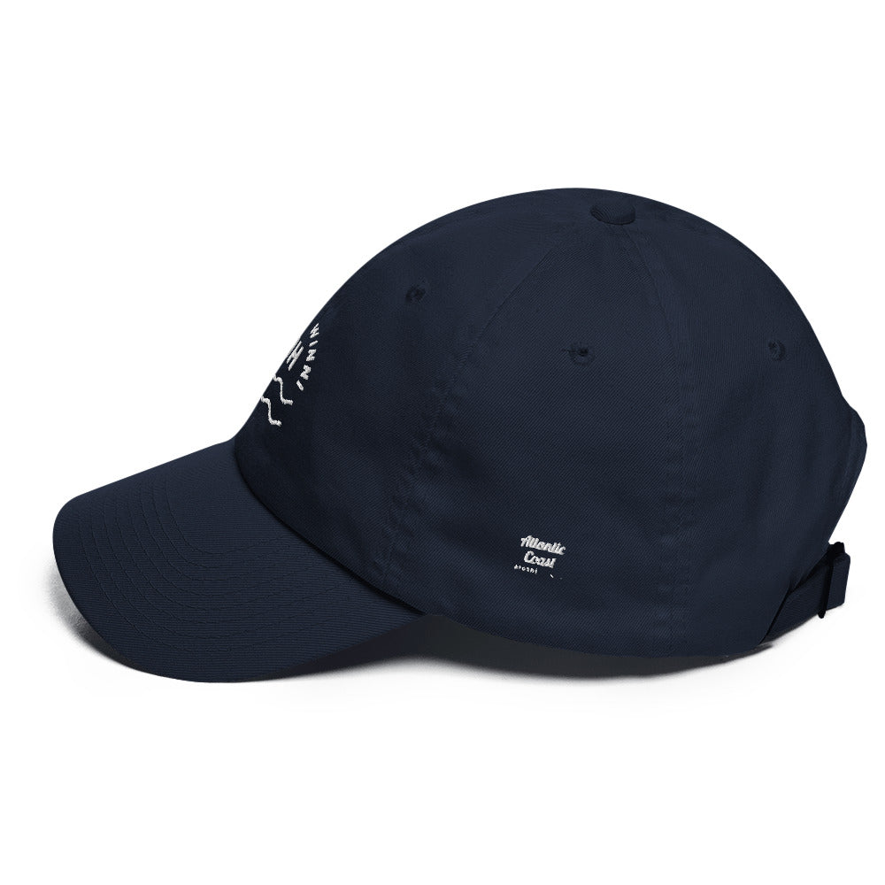 "Lake Winni" Lake Winnipesaukee dad hat, blue, side view