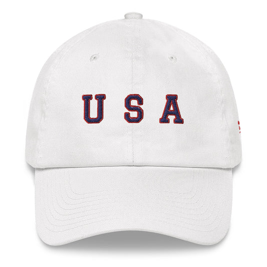 hat with "USA" text across the front in navy and red- white hat