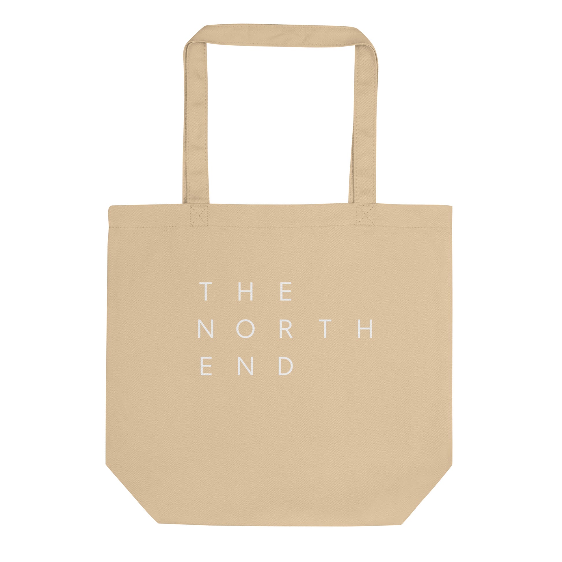 khaki tote with the text "The North End " in white.