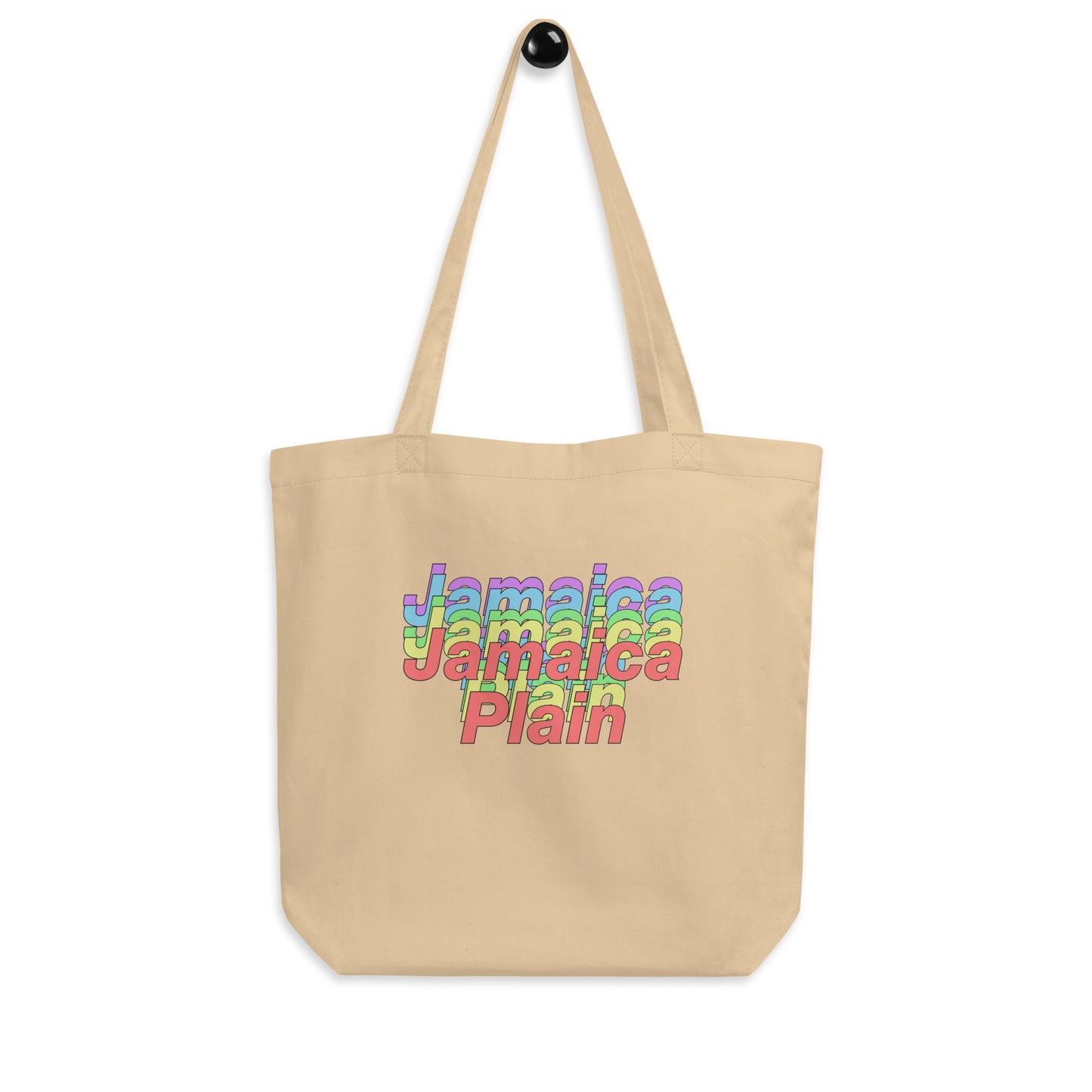 Jamaica Plain Tote Bag, rainbow font on khaki bag