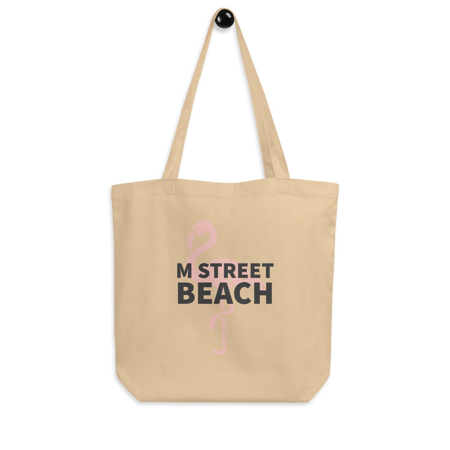 M Street Beach, Boston MA Tote Bag, pink flamingo, khaki canvas