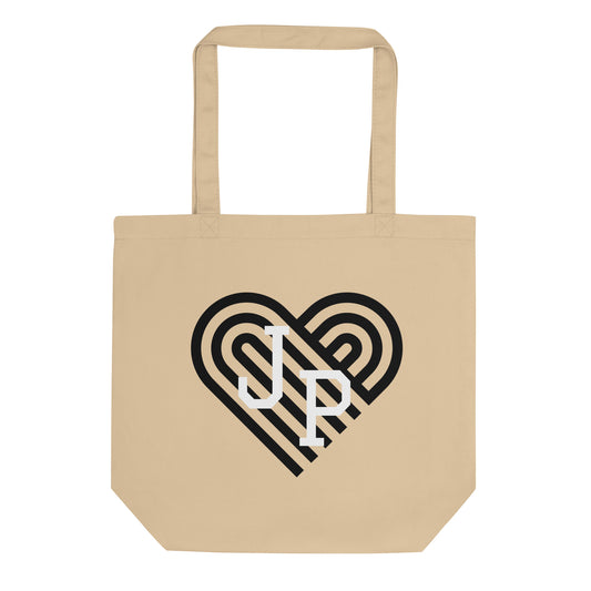 Khaki canvas tote bag with black heart design with letters "JP" for Jamaica Plain