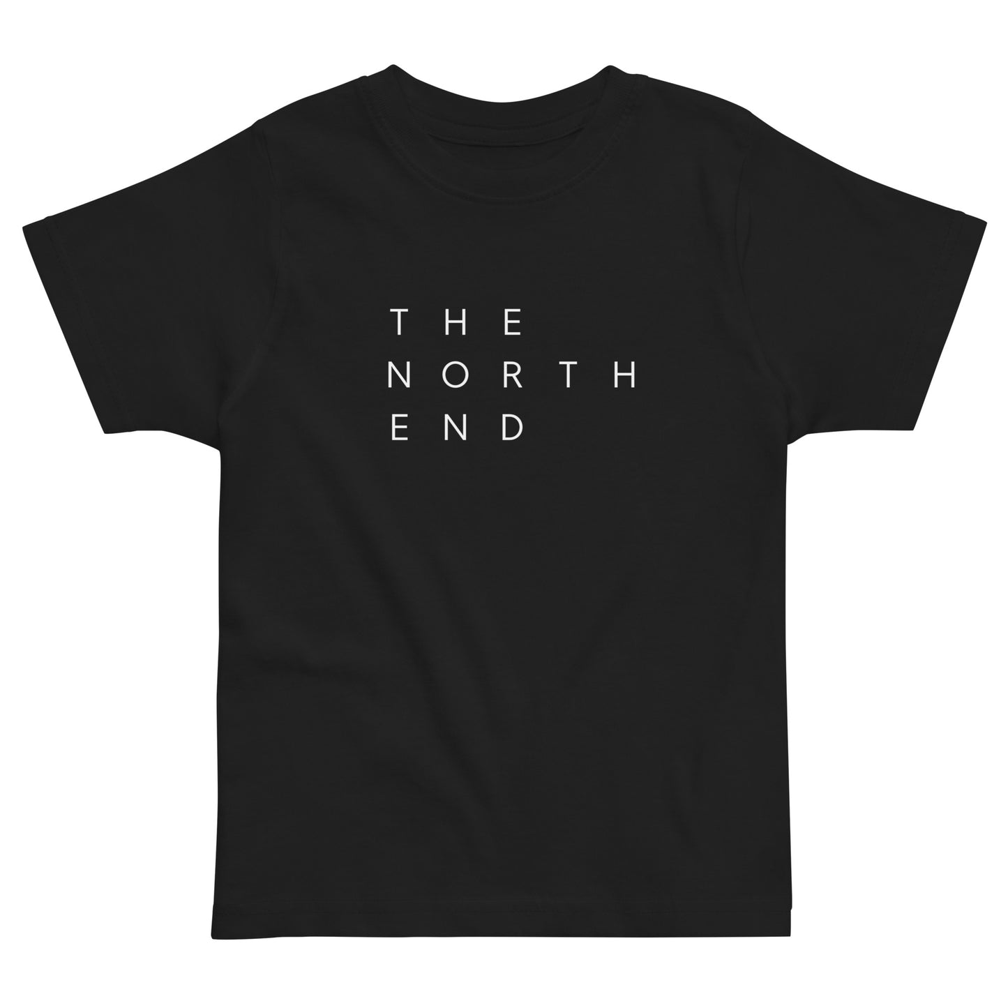 black t-shirt with the text "The North End " in white.