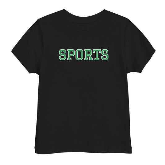 black t shirt with SPORTS text across the front, in boston celtics green