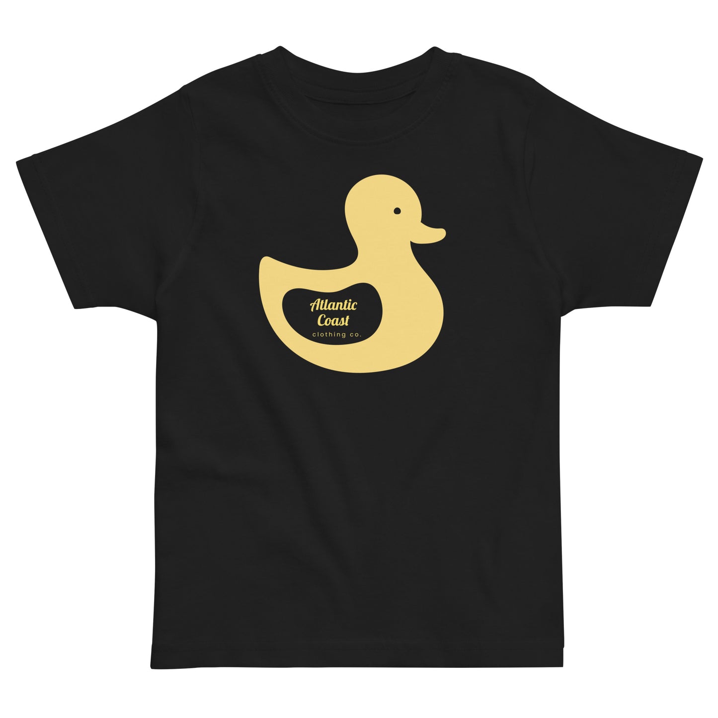 t-shirt with yellow duck image on front. Text in yellow that says "Atlantic Coast Clothing Co"-black shirt