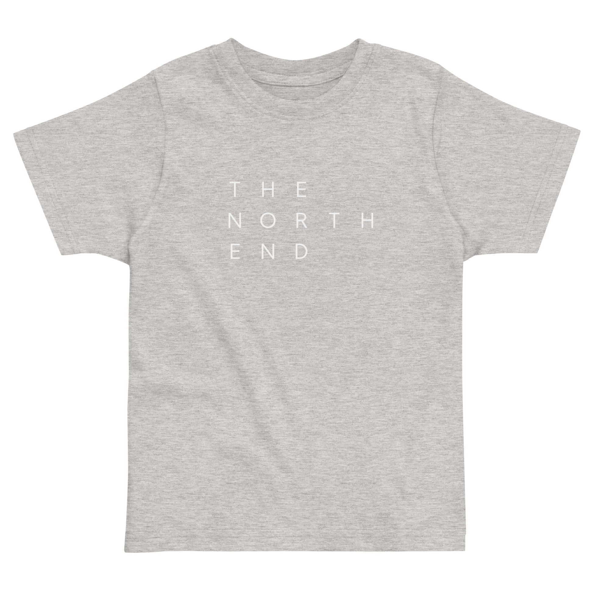 light grey t-shirt with the text "The North End " in white.