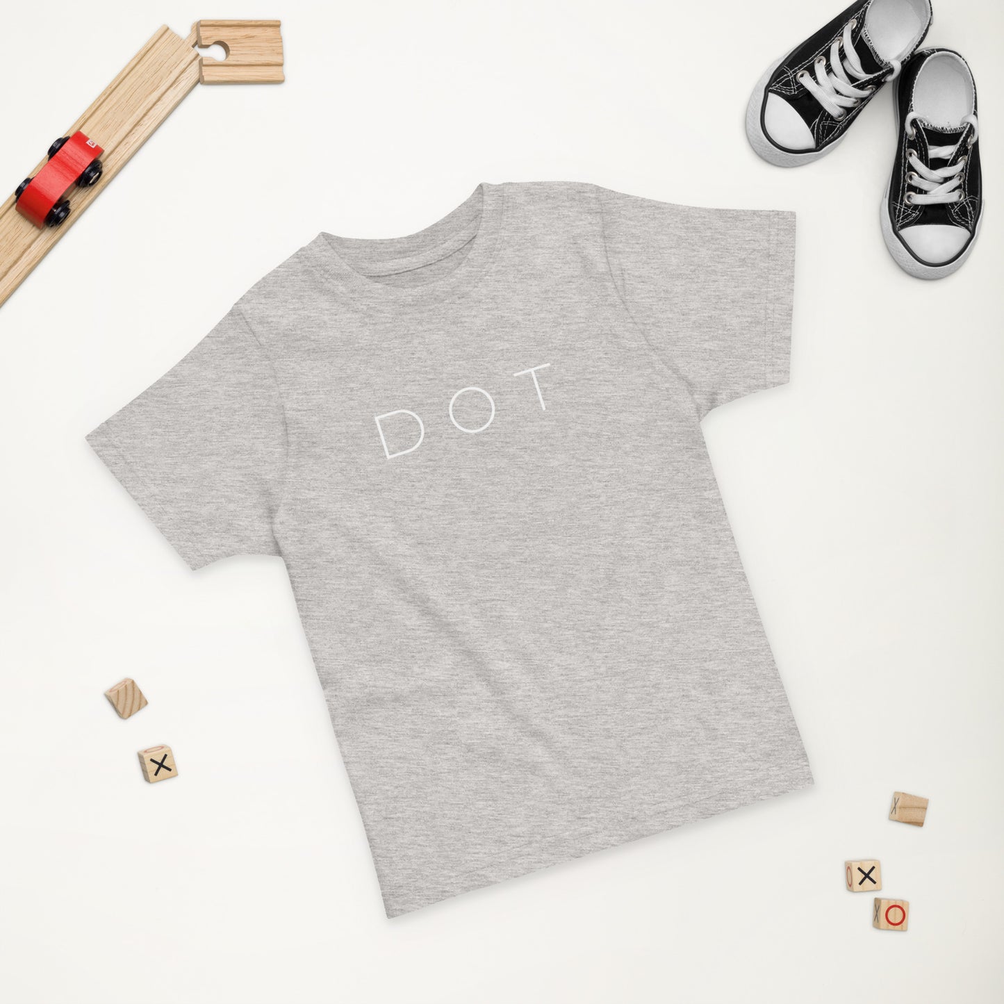 Dorchester "DOT" Tee (Toddler), toys in the background, grey