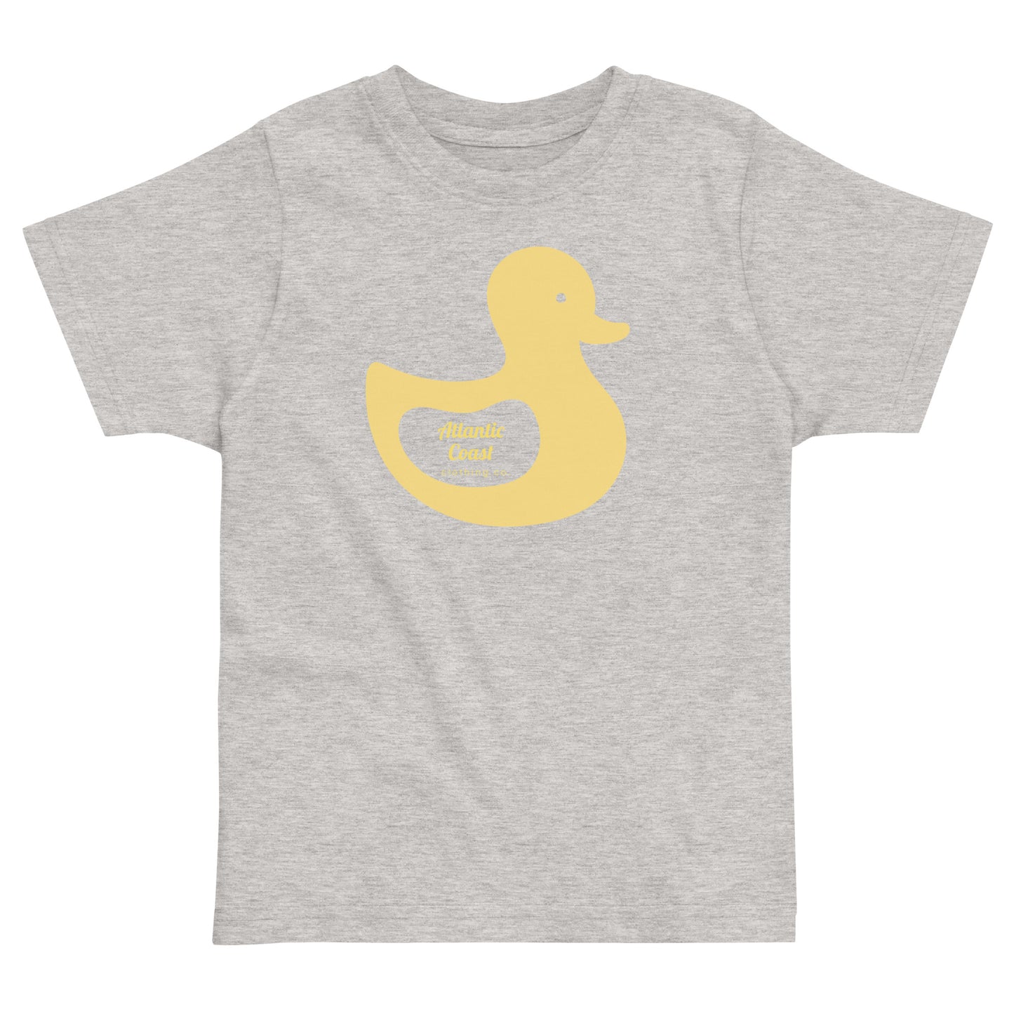 t-shirt with yellow duck image on front. Text in yellow that says "Atlantic Coast Clothing Co"-grey shirt