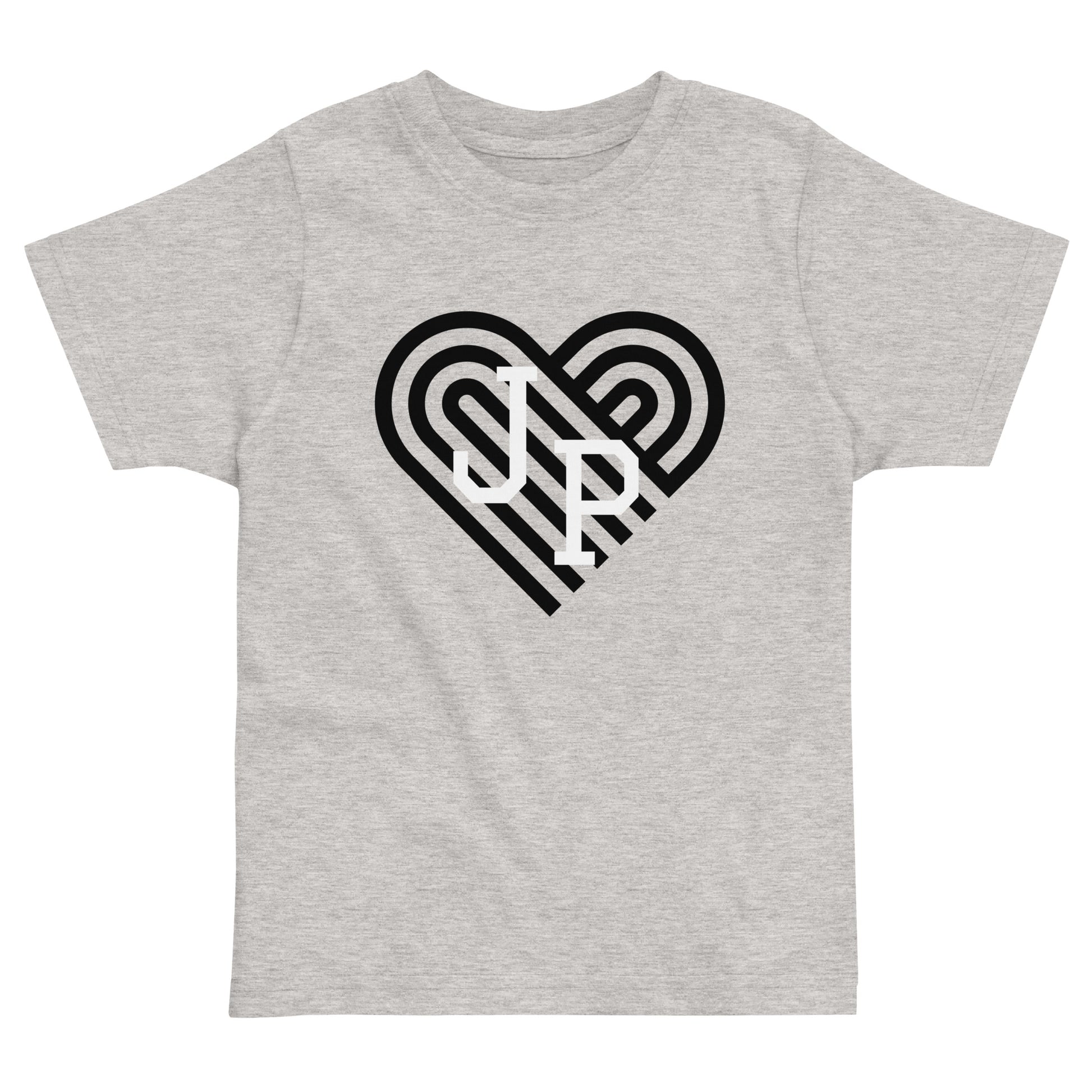 Jamaica Plain T shirt, with black heart behind "JP" letters in white. The shirt is grey.